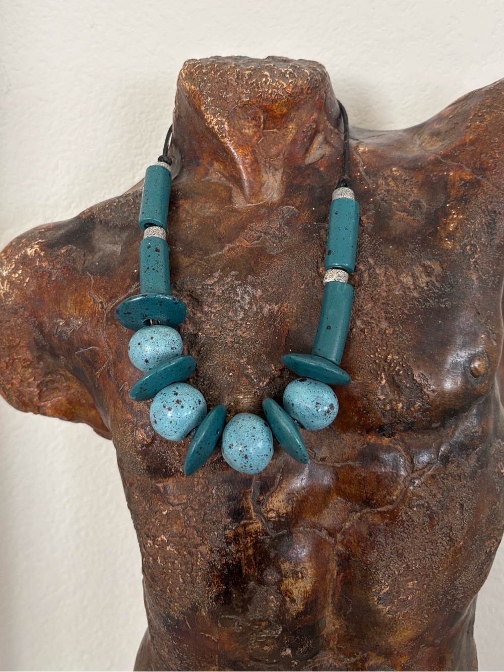 Grecian Turquoise Blue Green Ceramic Beaded Vintage Necklace Greek / Greece